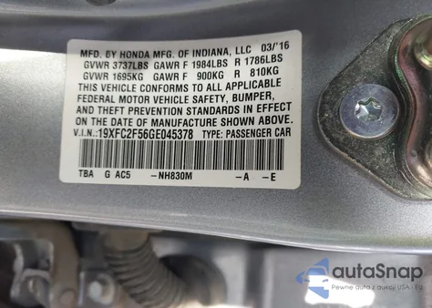 2016 Honda Civic Lx из США, поврежденный, VIN 19XFC2F56GE045378